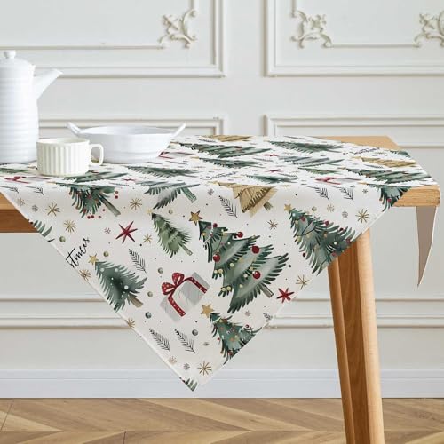 Kiatuniya Tischdecke Weihnachten Mitteldecke Beige Grün Winter Tischwäsche Bäume Weihnachtsdeko Christmas Table Cloth Leinenoptik Klein Weihnachtstischdecke für Urlaub Party Dekor 100x100 cm von Kiatuniya