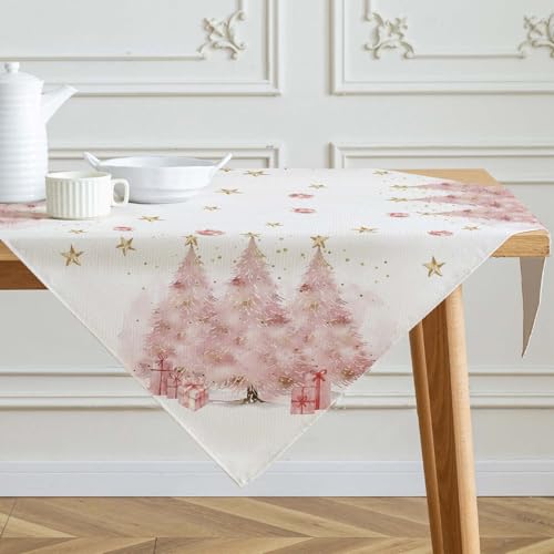 Kiatuniya Tischdecke Weihnachten Mitteldecke Rosa Winter Tischwäsche Bäume Weihnachtsdeko Christmas Table Cloth Leinenoptik Klein Weihnachtstischdecke für Urlaub Party Dekor 100x100 cm von Kiatuniya