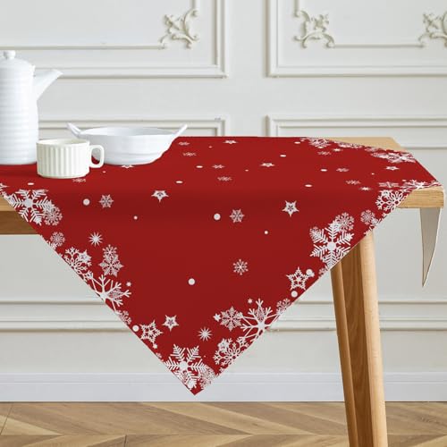 Kiatuniya Tischdecke Weihnachten Mitteldecke Schneeflocken Rot Weihnachtstischdecke Modern Saisonnal Leinenoptik Weihnachtstischdecken Tischwäsche Winter Küche Tisch Dekoration Party Dekor 85x85 cm von Kiatuniya