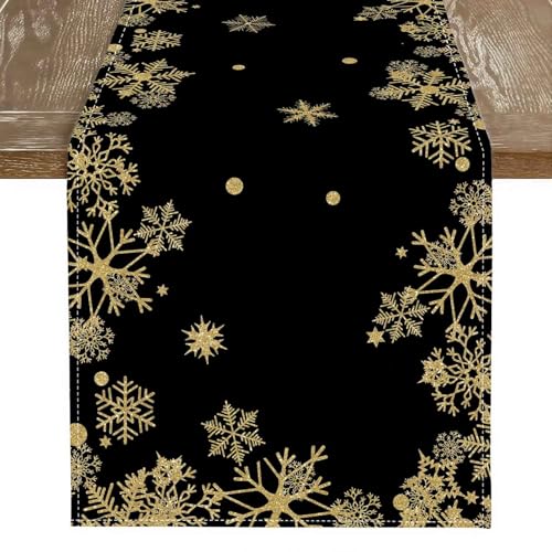 Kiatuniya Tischläufer Weihnachten Schwarz und Gold Weihnachtstischläufer Modern Schneeflocken Winter Weihnachtsdeko Tisch Weihnachtstischdecke Klein Table Runner für Küche Party Tischdeko 33x183 cm von Kiatuniya