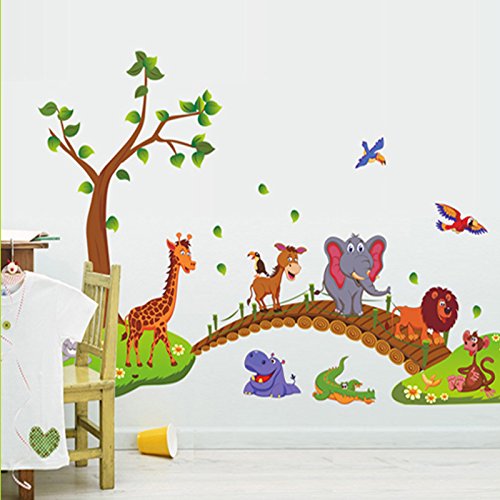Kibi Grünen Baum Niedlichen Löwen Kaninchen Giraffe Elefanten Überqueren Der Brücke Wandsticker Tiere Wandaufkleber Babyzimmer Entfernbare Wandtattoo Tiere Kinderzimmer Wandbilder 86(W) x 135 (H) CM von Kibi Store