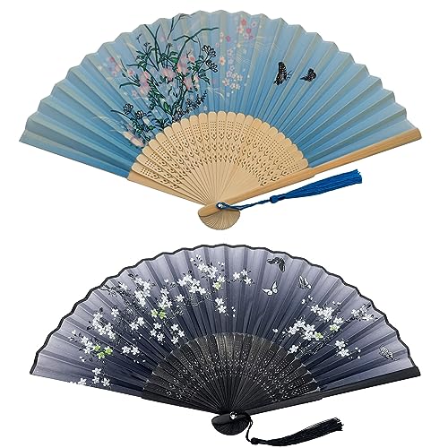 Kibon Faltbare Fächer, Handfächer, Bambus-Fächer mit Quaste für Geburtstagsgeschenke, Tanzen, Cosplay, Hochzeit, Party, Requisiten, Dekoration, Blau und Schwarz, 2 Stück von Kibon