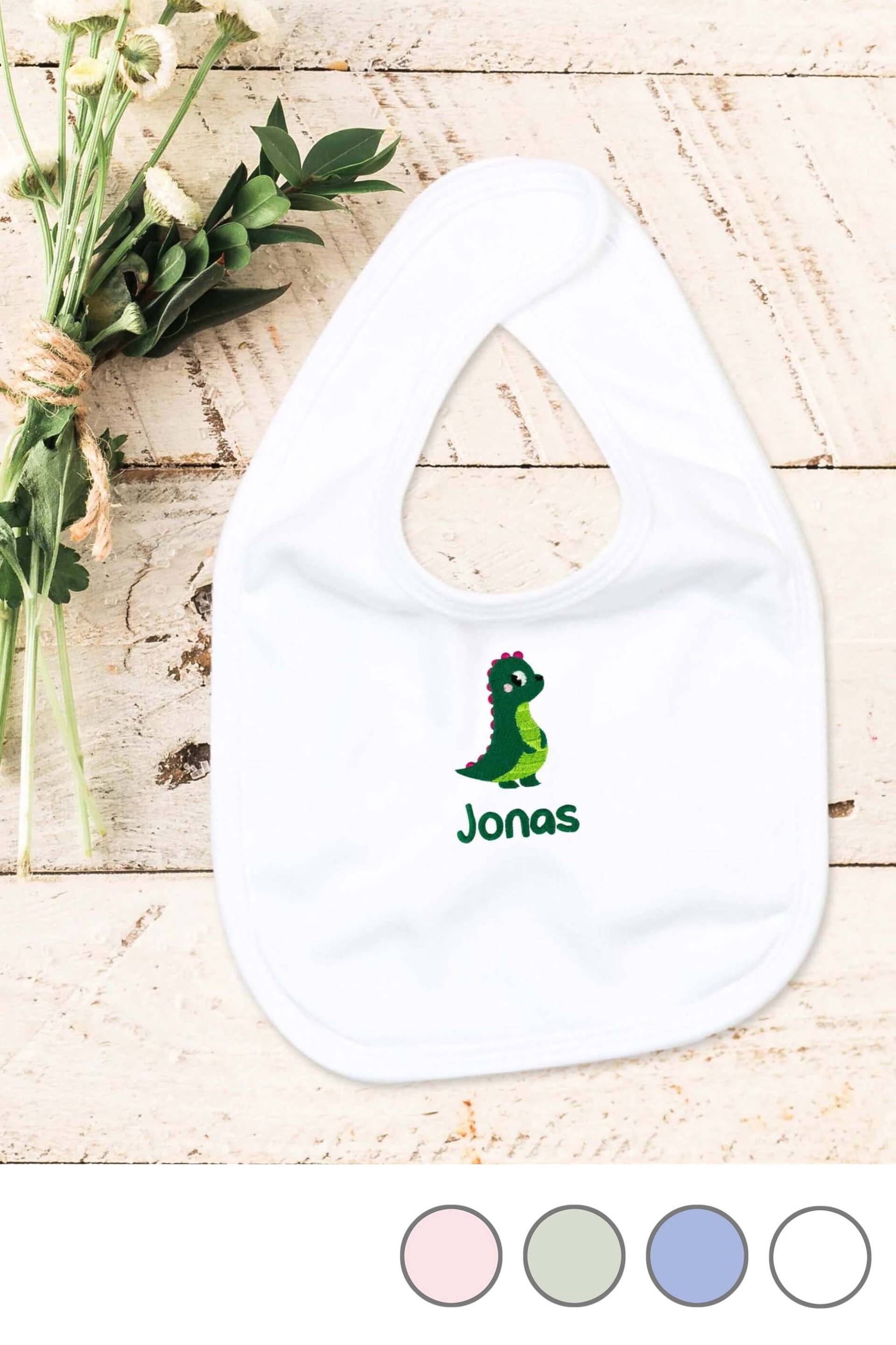 Lätzchen Für Babys Aus Bio-Baumwolle Bestickt Mit Dino Und Wunschtext Lätzchen Für Babys Aus Bio-Baumwolle Bestickt Mit Dino Und Wunschtext von KiddiezDE