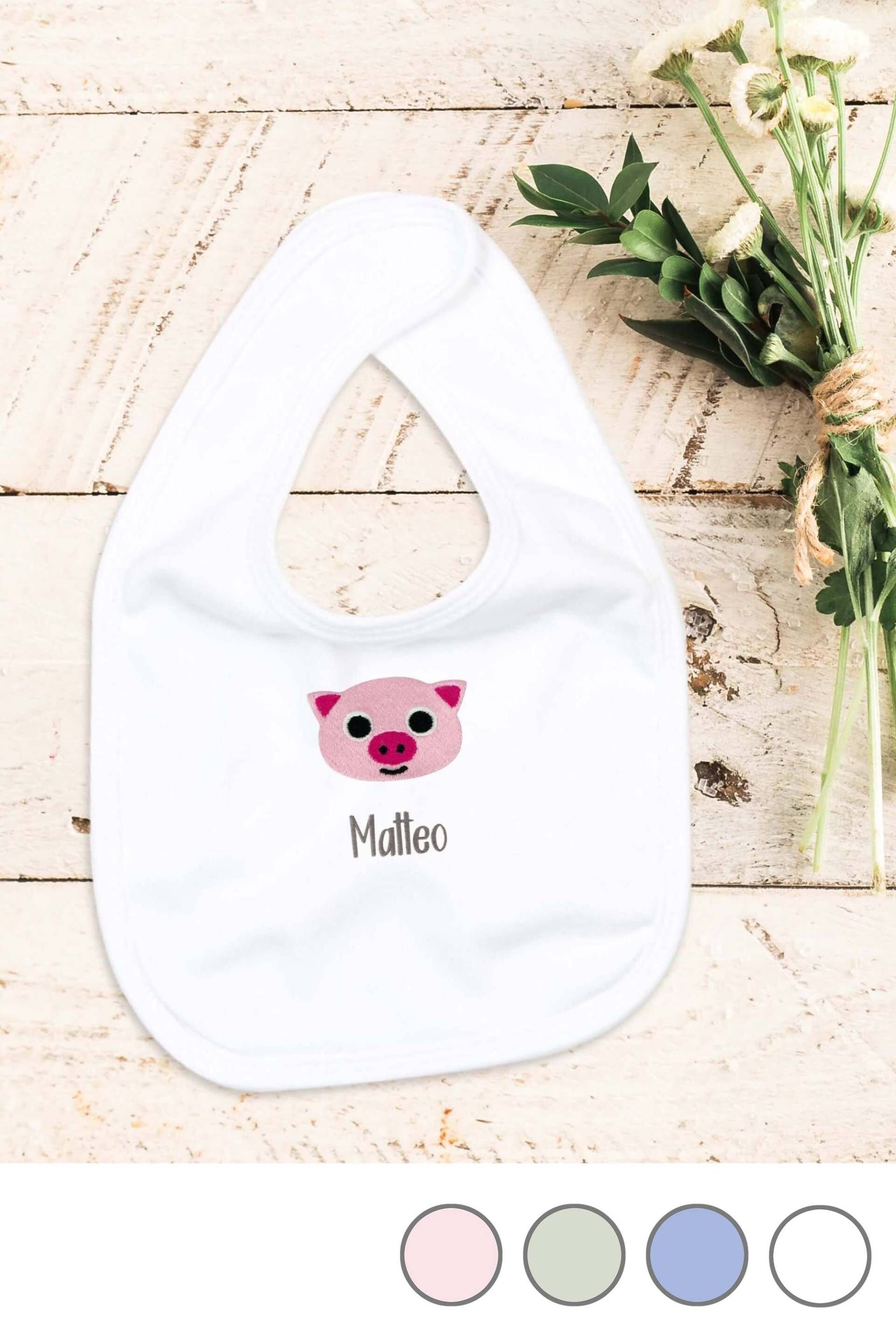 Lätzchen Für Babys Aus Bio-Baumwolle Bestickt Mit Schweinchen Und Wunschtext Lätzchen Für Babys Aus Bio-Baumwolle Bestickt Mit Schweinchen Und Wunschtext von KiddiezDE