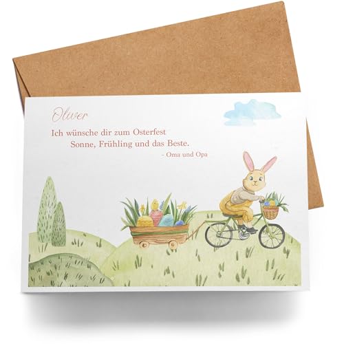Kiddle-Design Personalisierte Osterkarte mit Namen & Text – Ostermotiv Hase auf Fahrrad Klappkarte für Ostergrüße Karte zu Ostern Oster Grußkarte von Kiddle-Design