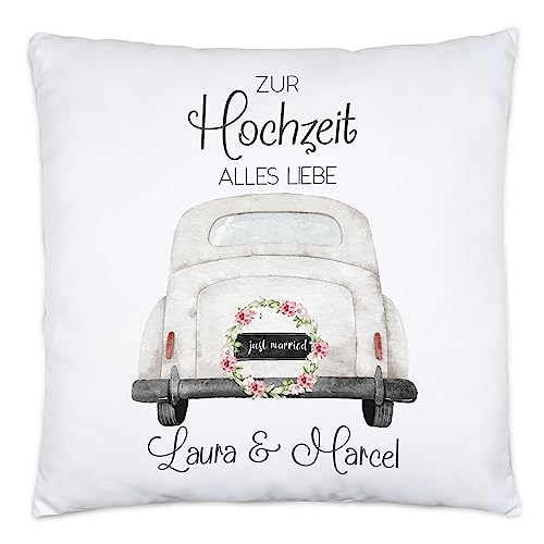 Kiddle-Design Personalisiertes Hochzeitsgeschenk Kissen Geschenk zur Hochzeit Gastgeschenk individuell mit Namen Brautpaar Hochzeitsauto von Kiddle-Design