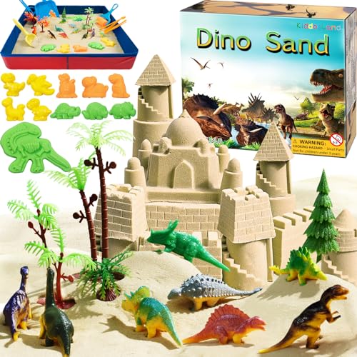 KiddosLand Magic Sand Kit Für Kinder - Spielsand Baukasten mit 900g Sand, Faltbarer Sandkasten, Dinosaurier Modellierwerkzeugen und sauberem Set,Für Kinder ab 3 Jahren von KiddosLand