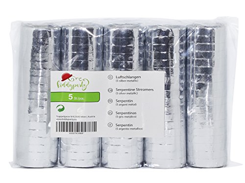 KIDDYPARTY Luftschlangen Silber Metallic, 5er Pack PREMIUM Qualität Papierschlangen, 5 Stück metallic/weiß. Ideal als Deko für Silberhochzeit, Geburtstag, Veranstaltung, Karneval und Silvester. von Kiddyparty