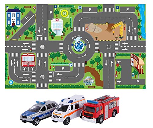 Kids Globe Spielteppich mit Auto Set (leuchtende Ampeln, Kinder-Teppich mit Feuerwehrauto Polizeiauto Rettungswagen, Größe 120x72 cm, inkl. Batterie) von Kids Globe