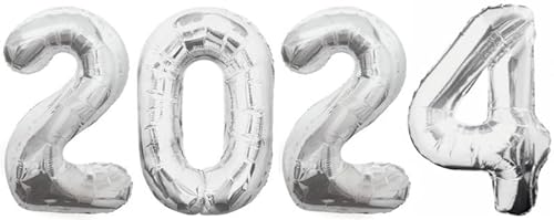 Folien Ballon Zahl 2024 in Silber - XXL Riesenzahl 86 cm zum Silvester, Neujahr, Jahreszahl von Kids Party World