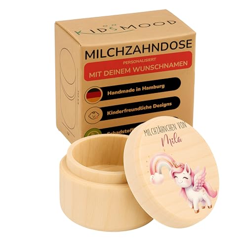 Kidsmood - Personalisierte Zahndose Milchzähne | Milchzahndose Holz mit Schadstofffreier Druck für Kinder mit Namen – Zahnbox für Milchzähne Mädchen & Jungen | Zahfee Geschenke zur Geburt (Einhorn) von Kidsmood