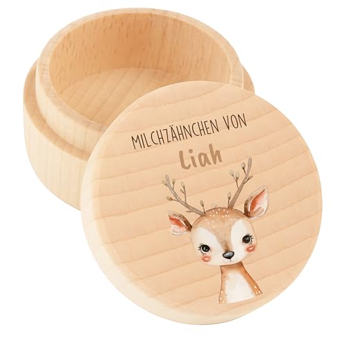 Kidsmood - Personalisierte Zahndose Milchzähne | Milchzahndose Holz mit Schadstofffreier Druck für Kinder mit Namen – Zahnbox für Milchzähne Mädchen & Jungen | Zahfee Geschenke zur Geburt (Reh) von Kidsmood