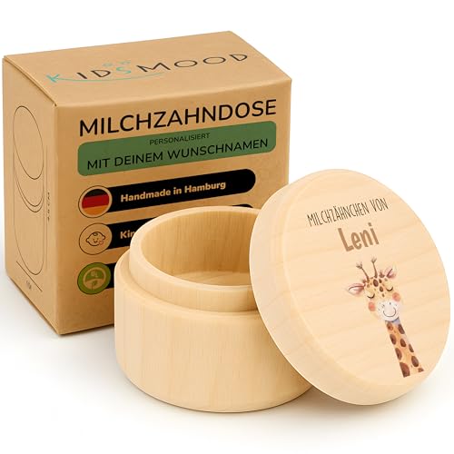 Kidsmood - Zahndose Milchzähne Mädchen & Jungen - Milchzahndose aus Holz mit Wunschnamen – Zahnbox für Milchzähne Mädchen & Jungen - Zahfee Geschenke zur Geburt (Giraffe) von Kidsmood