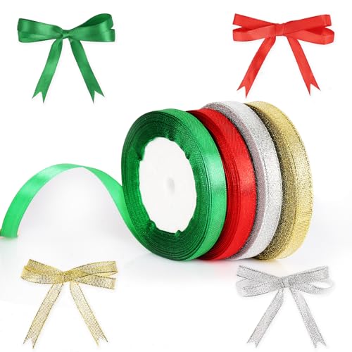 Christmas Geschenkband Weihnachten Rot/Grün/Gold/Silber 22m x 4 Rollen, 10mm Schleifenband Weihnachten Satinband, Weihnachtsschleifen Dekoband für Hochzeit Geburtstag Verpackung Basteln Dekoration von Kieswan