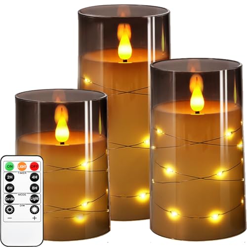 Kiexung LED Kerze, LED Kerze mit eingebauter Lichterkette, batteriebetriebene Kerze, Plexiglaskerze mit Fernbedienung Timer, festliche flammenlose Kerze, Wohnkultur, 3-teiliges Set (grau) von Kiexung