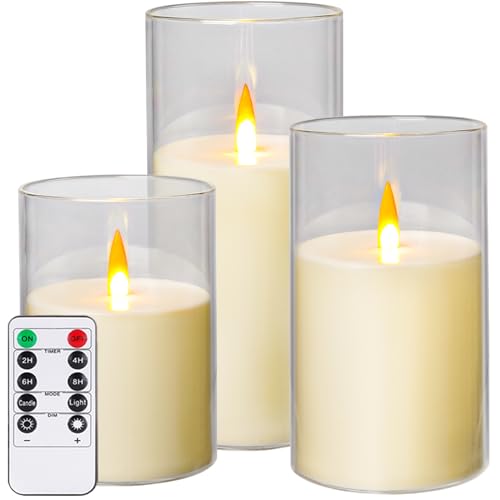 Kiexung LED-Kerzen, LED-Kerzen mit Fernbedienung und Timer, neue echte analoge 3D-Docht batteriebetriebene Acryl-Säulenkerze für romantisches Ambiente und Wohnkultur, 3er-Set (elfenbein) von Kiexung