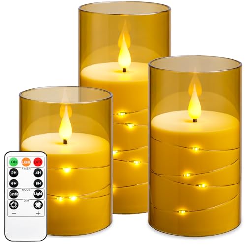 Kiexung LED-Kerzen, LED-Kerzen mit eingebauter Lichterkette, Batteriebetriebene Kerzen, Plexiglaskerzen mit Fernschaltuhr, Festliche flammenlose Kerzen, Wohnkultur, 3-teiliges Set (Gold) von Kiexung