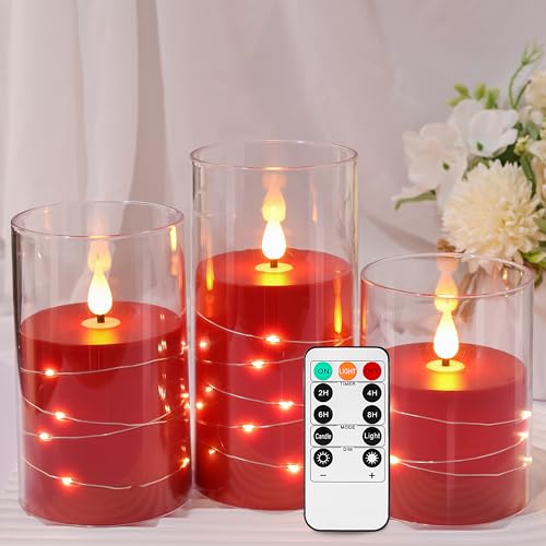 Kiexung LED-Kerzen, batteriebetriebenes Kerzenblinken, eingebautes Sternenlicht-Lichterkettenlicht, unzerbrechliches Plexiglas mit Fernbedienungs-Timer, 3er-Set (rot) von Kiexung
