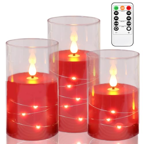 Kiexung LED-Kerzen, batteriebetriebenes Kerzenblinken, eingebautes Sternenlicht-Lichterkettenlicht, unzerbrechliches Plexiglas mit Fernbedienungs-Timer, 3er-Set (rot) von Kiexung