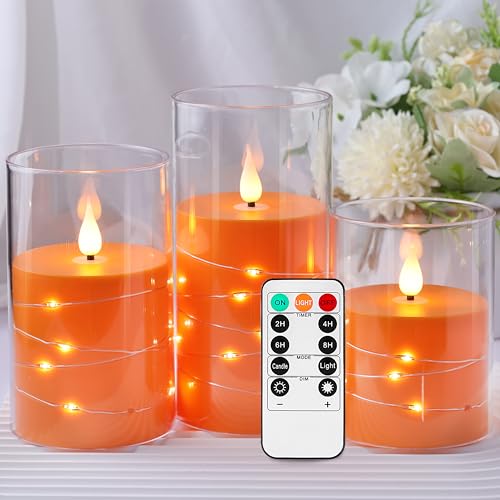 Kiexung LED-Kerzen, blinkende batteriebetriebene Kerze, eingebaute Sternenlicht-Lichterkette, Halloween-Kerze, unzerbrechliches Plexiglas mit Fernbedienungs-Timer, 3er-Set (orange) von Kiexung