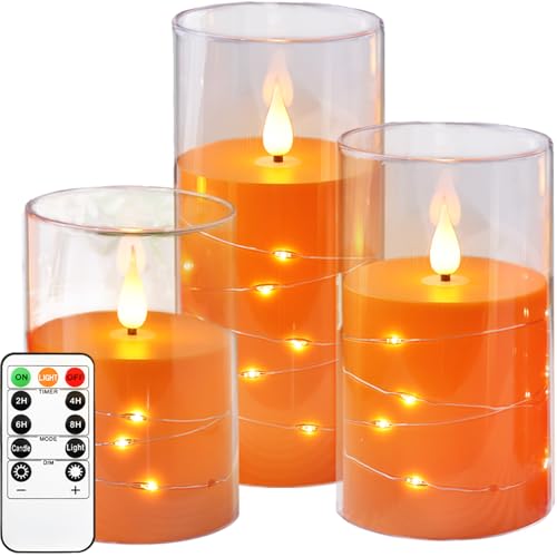 Kiexung LED-Kerzen, blinkende batteriebetriebene Kerze, eingebaute Sternenlicht-Lichterkette, Halloween-Kerze, unzerbrechliches Plexiglas mit Fernbedienungs-Timer, 3er-Set (orange) von Kiexung