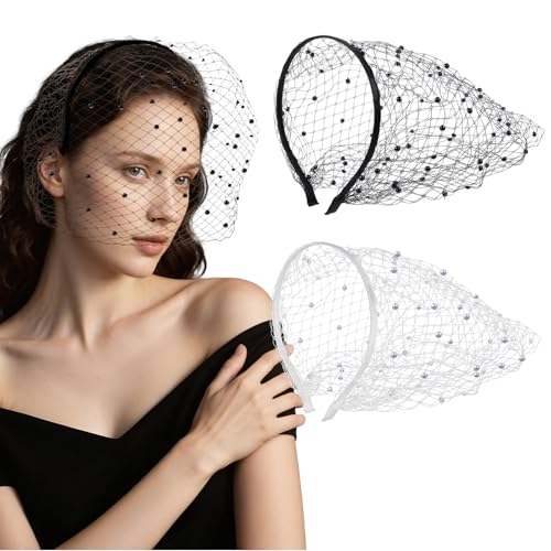 Kifmurase Fascinator / Fascinator aus Netzstoff, 2 Stück, Weiß und Schwarz, Retro, Beerdigungsschleier mit Strasssteinen, 1920er-Jahre-Mesh-Schleier mit dünnem Stirnband für Mädchen und Damen von Kifmurase