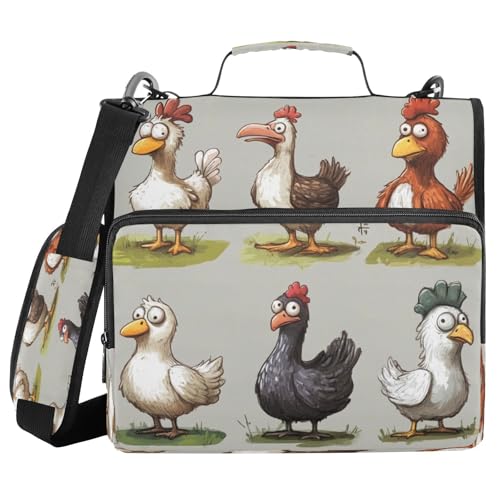 Kigai Niedliches Hühner-Reißverschlussbuch mit Schultergurt, 3,8 cm, 3 Ringe, D-Ring, mehrere Taschen, erweiterbarer Aktenordner, 33 cm (13 Zoll), Laptop-Organizer, Schul- und Bürobedarf von Kigai