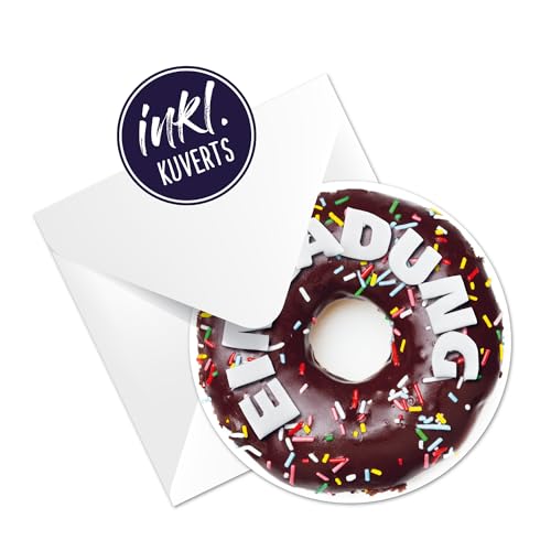 12 Donut Einladungskarten | lustige Einladung zum Kinder-Geburtstag für Jungen, Mädchen und Erwachsene | passend zu jeder Party (12 Einladungskarten mit 12 weißen Kuvert) von Kigebu
