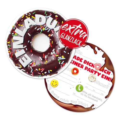 Kigebu 12 Donut Einladungskarten | lustige Einladung zum Kinder-Geburtstag für Jungen, Mädchen und Erwachsene | passend zu jeder Party von Kigebu