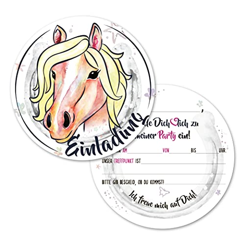 12 Einladungskarten Kindergeburtstag Pferd | die Geburtstagseinladung für alle Pferdebegeisterten Mädchen und Jungs (bunt/rund) von Kigebu