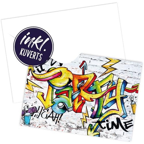 12 Einladungskarten für Geburtstag und Partys mit Umschlag, die Graffiti Karten sind die perfekten Einladungen für Jungen und Mädchen zum Kindergeburtstag und Anderen Feiern (Bunt mit weißen Kuvert) von Kigebu