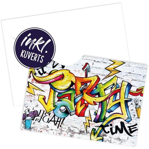 12 Einladungskarten für Geburtstag und Partys, die Graffiti Karten sind die perfekten Einladungen für Jungen und Mädchen zum Kindergeburtstag und Anderen Feiern (Bunt mit weißen Kuvert) von Kigebu