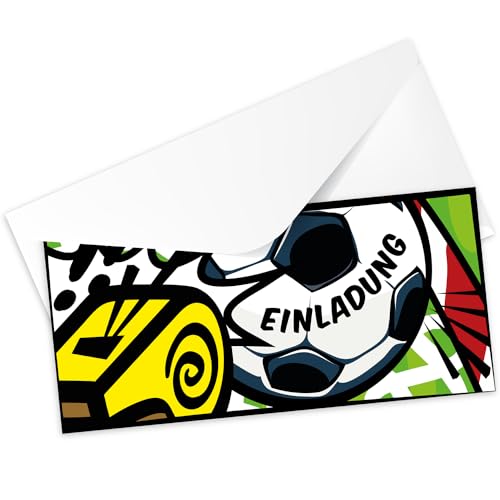 12 Einladungskarten zum Kindergeburtstag [extra stabil], Fußball - Partys, Geburtstagseinladung für Jungen und Mädchen im Comic Stil (Fußball mit Kuvert) von Kigebu