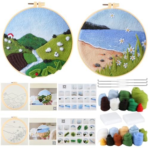2 Sets Nadelfilz Kit, Filzsets für Anfänger Erwachsene, Nadelfilz Starter Kit, einschließlich gefilztem Stoff, Wolle, Bilderrahmen, Nadel, Schaumstoffpad und Anleitung für Heimdekoration von Kigift
