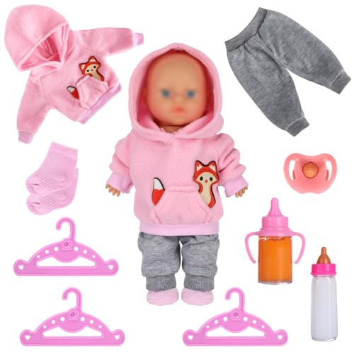 Kleidung Outfits für Baby Puppen, Puppenkleidung für 43cm Puppe, Rosa Puppen Zubehör, Puppensachen für Baby Puppe, Puppenzubehör mit Fuchsmuster, Hose, Socken, Schnuller, 2 Flaschen und 3 Kleiderbügel von Kigift