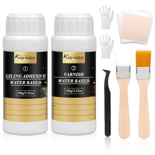 Kigniote Blattgold Kleber Set, inkl. 100 ml Kleber, 100 ml Schutzlack auf Wasserbasis, 100 Stück Blattgold zum Basteln, 2 Pinsel, 1 Handschuh, 1 Pinzette, ideal zum Malen und Bastelgebrauch Kigniote Blattgold Kleber Set, inkl. 100 ml Kleber, 100 ml Schutzlack auf Wasserbasis, 100 Stück Blattgold zum Basteln, 2 Pinsel, 1 Handschuh, 1 Pinzette, ideal zum Malen und Bastelgebrauch von Kigniote