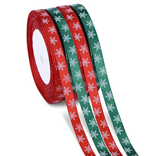 100m 4 Rollen Schneeflocke Satinband Geschenkband Dekoband Schleifenband Bänder für Weihnachten Dekoration (Rot, Grün) von Kiiwah