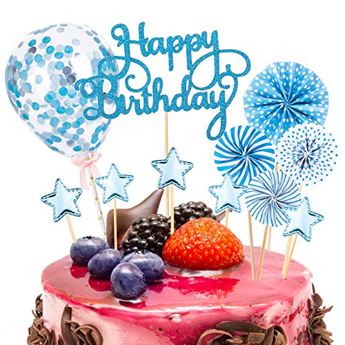 12 Stück Tortendeko Cake Topper, Happy Birthday Kuchendeko Kuchen Topper Blau Konfetti-Luftballons und Papierfächer für Tortendeko Geburtstag von Kiiwah