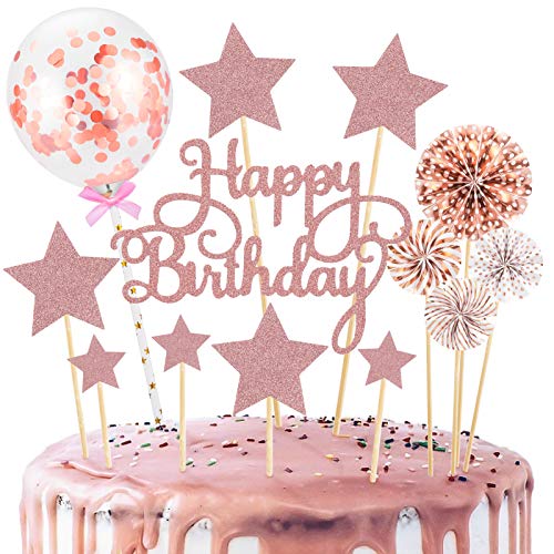 14 Stück Tortendeko Cake Topper, Happy Birthday Kuchendeko Kuchen Topper Roségold Konfetti-Luftballons und Papierfächer für Tortendeko Geburtstag von Kiiwah