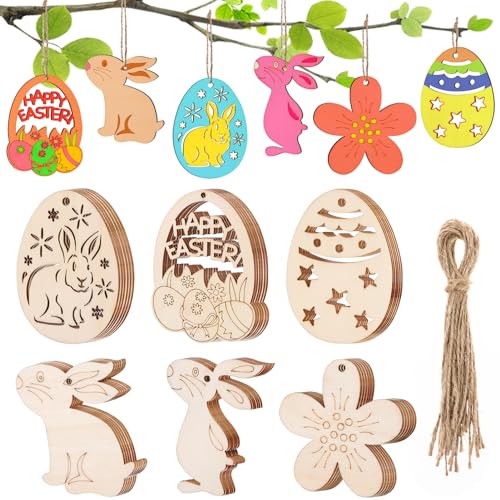 36 Stück Ostern Basteln Holz, Osterdeko Holz zum Aufhängen, Holzanhänger Ostern Deko mit Schnur, Ostern Anhänger Holz, DIY Basteln zum Bemalen für Kinder Frühling Dekoration von Kiiwah