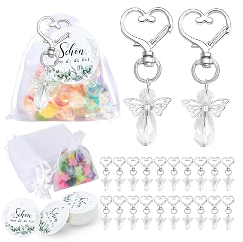 Kikcrrou 30 Stück Schutzengel Anhänger, Schutzengel Schlüsselanhänger mit Organzabeutel und Karte,Schön Dass Du Da Bist Anhänger Aufkleber für Gastgeschenke Hochzeit Kommunion Konfirmation Taufe von Kikcrrou