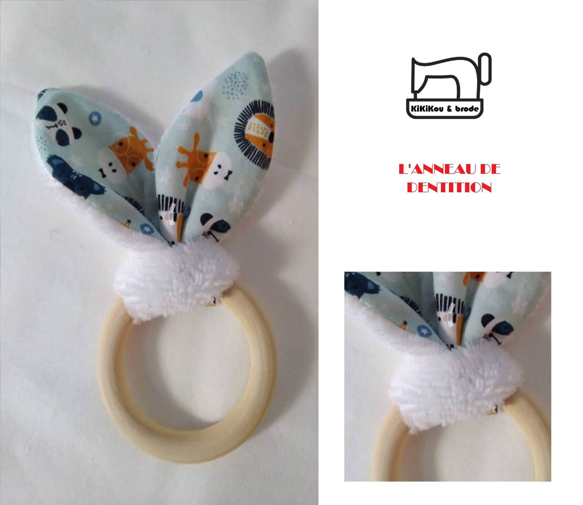 Beißring Aus Unbehandeltem Naturholz Mit Ohren Bedruckter Öko-Tex-Baumwolle Beißring Aus Unbehandeltem Naturholz Mit Ohren Bedruckter Öko-Tex-Baumwolle von Kikikouetbrode