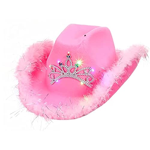 Kikumi Pink Crown Cowboy Hut Filz Cowboy Hut mit Lichtern Hals Zeichnung String Cosplay Party Kostümzubehör Spiel Dress Up für Frauen (Rosa mit Wolllampen) von Kikumi