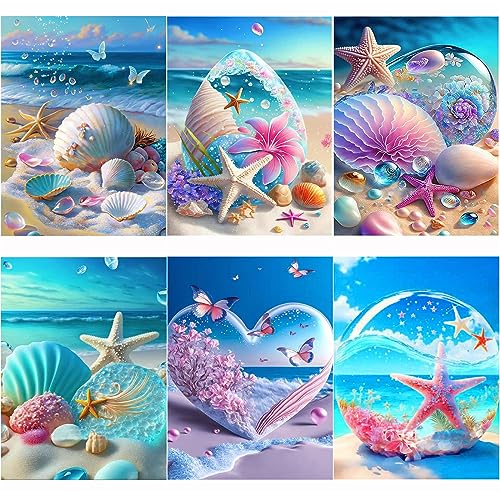 Kikuo Diamond Painting Full Set, 6 Stück 5D Diamant Painting Bilder, DIY Diamant Painting Full Drill Strand Seestern, DIY Diamond Painting Malerei für Kinder Erwachsene Wohnzimmer Wand Decor 30x40cm von Kikuo