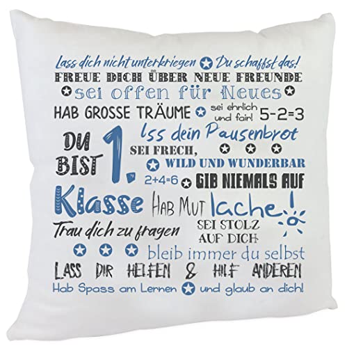 Kissen mit Spruch Geschenkidee für Kinder zur Einschulung des Erstklässlers Einschulungsgeschenk Bezug inkl. Füllung (blau/grau) von Kilala