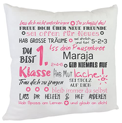 personalisiertes Kissen Geschenk zur Einschulung mit Namen des Erstklässlers Einschulungsgeschenk Mädchen (Mädchen mit Namen lachs/grau) von Kilala