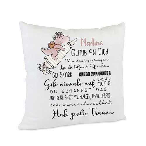 personalisiertes Kissen Geschenk zur Einschulung mit Namen des Erstklässlers Einschulungsgeschenk für Mädchen und Jungen (Dino Schultüte Mädchen) von Kilala