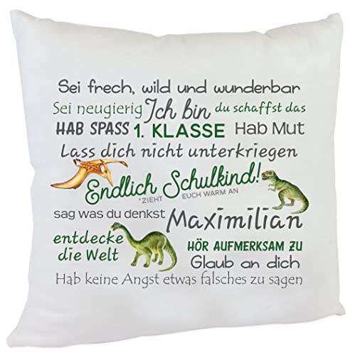 personalisiertes Kissen T-Rex Geschenk zur Einschulung Junge mit Namen des Erstklässlers Einschulungsgeschenk für Mädchen und Jungen (Dino) von Kilala