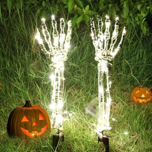 Halloween Leuchtende Skelett Hand Gartenstecker 1 Paar – LED Grusel Deko, Leuchtende Geisterhand-Friedhofsdekoration, geeignet für Gärten, Innenhöfe, Wege, Vorgärten, Rasenflächen und Outdoor(white) von Kimimara