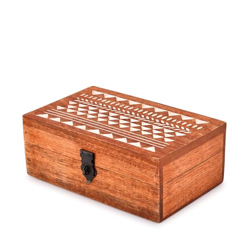 Kimona Schmuckschatulle aus Mangoholz, handgeschnitzt, Mehrzweck-Andenken-Aufbewahrung, Reise-Organizer | Vintage dekorativer Truhen-Schmuckhalter (20,32 cm x 12,7 cm x 7,62 cm) von Kimona